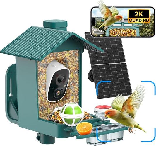 Smart Bird Feeder Camera Solar Powered, 2K Video Birdfeeder with Camera for Outdoor, 2.4Ghz WiFi AI Recognition Bird Cam, Instant Arrival Alert, IP65 Full Waterproof, Xmas Gifts for Birdlover Dad Mom