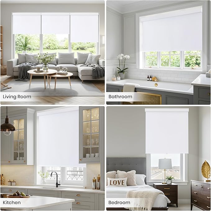100% Blackout Roller Shades Cordless Blinds for Indoor Windows,Free-Stop Window Shades Pull Down,Thermal Insulated Fabric UV Protection,Blackout Window Guard Blinds for Home,Office,White,55" W x 72" H