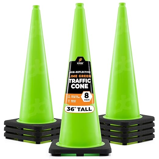 36” Lime Green Traffic Cone - 8 Pack - Premium PVC Safety Cone for Parking, Caution, Construction, Road Crews, Emergency Vehicle - MUTCD Compliant - Xpose Safety