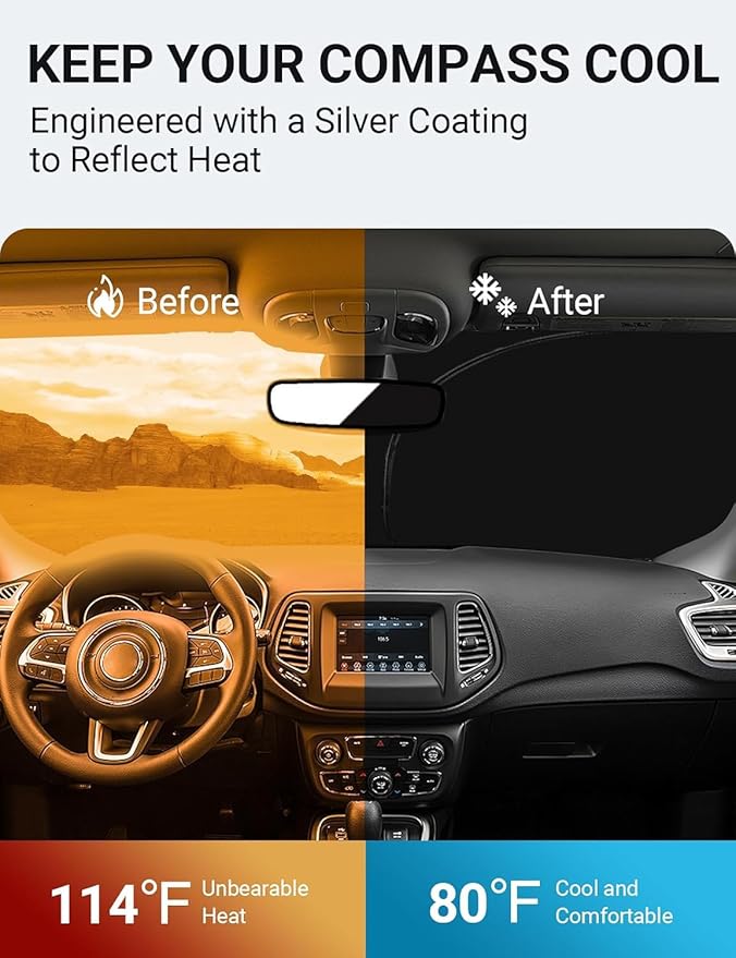 Proadsy Custom Fit Jeep Compass 2017-2024 2025 Windshield Sun Shade 4-Layer Foldable Front Sunshade Protector Sun Visor Blocks UV Rays Keep Car Cooler