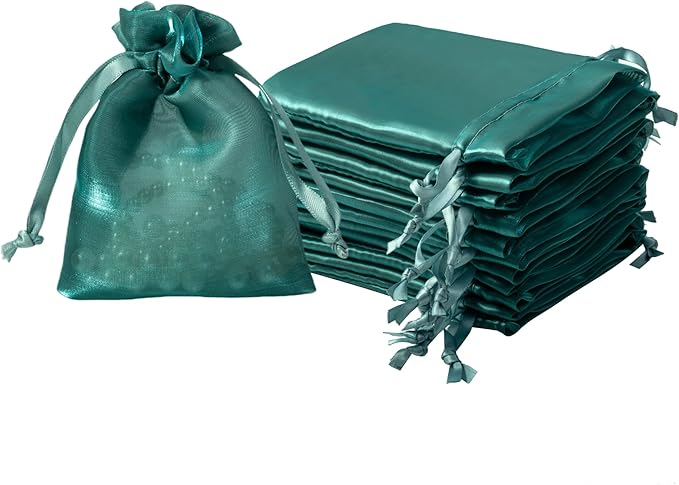 QIANF 20 Pcs Dark Green Small Organza Bags 3X4 inch for Wedding Favors with Drawstring, Mini Mesh Gift Bags Jewelry Pouch for Candy Bridal Shower Party Favor Baby Shower Christmas