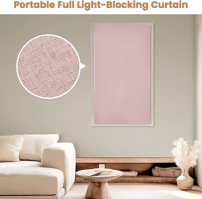 JILROIN Self Adhesive Curtains,100% Blackout Window Cover,No Drilling,Easy to Install,Provides Privacy Protection for Bedrooms (Light Pink - W35 × L60 in)