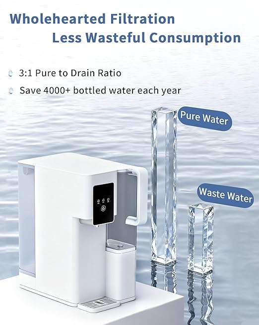 Reverse Osmosis System Countertop, Portable 5 in 1 RO Water Filtration System, 3:1 Pure to Drain Ratio Purifier, TDS & Filter Monitor, Water Filter for Home, Office, RV White