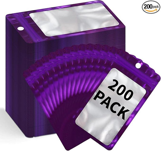 200 Pack Resealable Mylar Holographic Bags Food Storage Smell Proof Bags with Front Window Foil Packaging Pouch for Candy Sample Jewelry Small Business 4.13×5.91 Inch, Purple