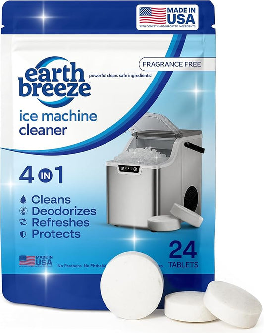 Earth Breeze Ice Machine Cleaner Tablets - 4-in-1 Cleans, Deodorizes, Refreshes & Protects – Fragrance Free, No Harsh Chemicals – Ice Maker Cleaner for Countertop & Commercial Machines - Made in USA