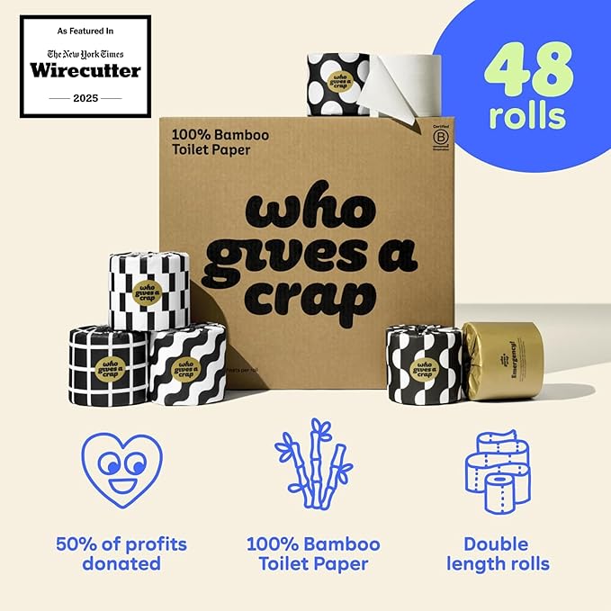 Who Gives A Crap 100% Bamboo Toilet Paper, 48 Rolls, 3 Ply, 370 Sheets, Long, Strong & Soft Toilet Tissue, Sustainable, Biodegradable, Renewable, Tree Free Bathroom Tissue Bulk Toilet Paper