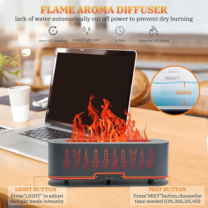 Essential Oil Diffusers, Flame Air Diffuser, 200ml Aromatherapy Diffuser with 2 Mist Mode 4 Timer Up & Waterless Auto-Off Protection for Bedroom Office and Home (Wheat-Gray)
