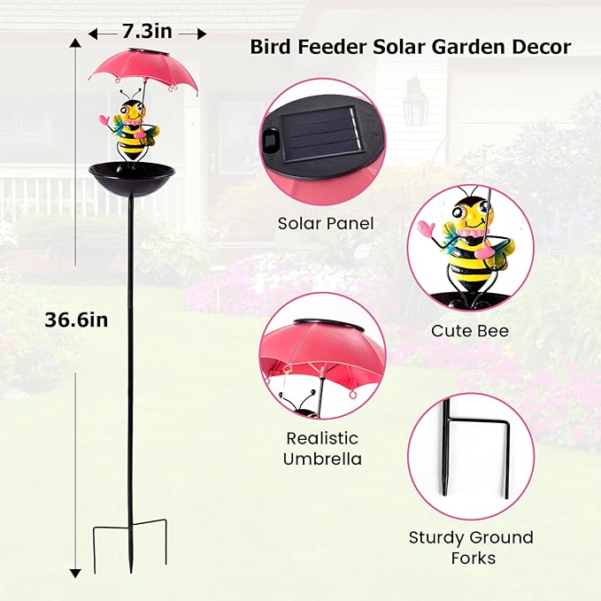 Bird Feeder Solar Garden Decor, Waterproof Bee Metal Wildbird Cardinals Hummingbirds Feeders with LED Lights, Gifts for Mom Grandma Bird Lovers Outdoor Path Yard Decoration