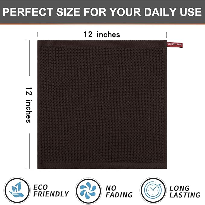 Kitinjoy 100% Cotton Kitchen Dish Cloths, 8 Pack Waffle Weave Ultra Soft Absorbent Dish Towels for Drying Dishes Quick Drying Kitchen Towels Dish Rags, 12 X 12 Inches, Dark Brown