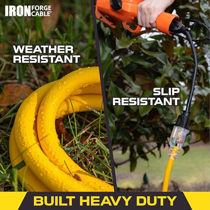 Iron Forge Cable Outdoor Extension Cord 100 Ft - 10 Gauge Heavy Duty Extension Cord, 15 AMP, 10/3 Yellow Power Cable SJTW Weatherproof with 3 Prong