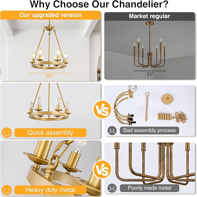 Wagon Wheel Chandelier, 6-Light Gold Modern Rustic Farmhouse Chandelier Adjustable Height Pendant Kitchen Light for Ceiling Hanging Dining Room, Living Room, Entryways, Foyer