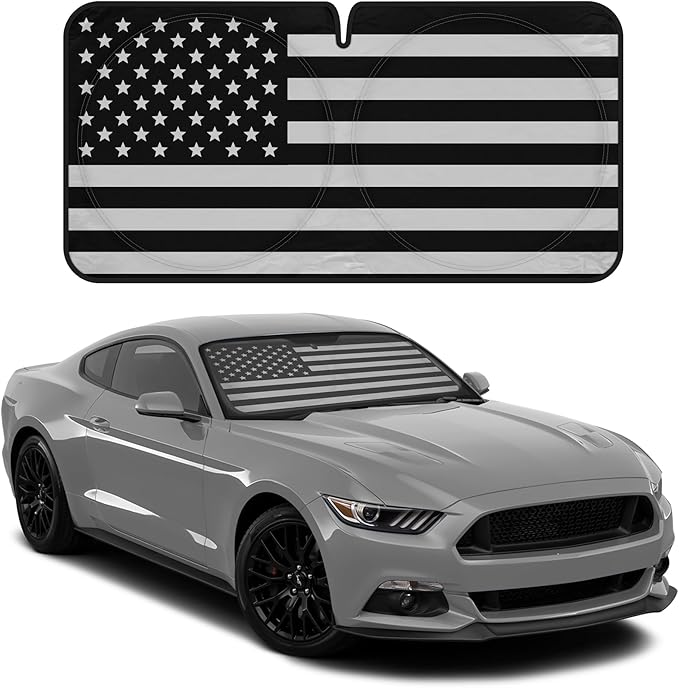 Motor Trend USA Black American Flag Car Windshield Sun Shade for Front Window, Foldable Car Sun Shade with Patriotic Graphic, Collapsible Sun Visor Sunshade for Cars Windshield (Medium 65" x 33")