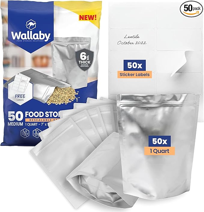 Wallaby 50 Count 1-Quart Gusset Mylar Bags with Labels, 12 Mil Total Thickness Long-Term Food Storage Pouches, 15x12 Stand-Up Zipper Heat-Sealable Airtight Packaging - Silver