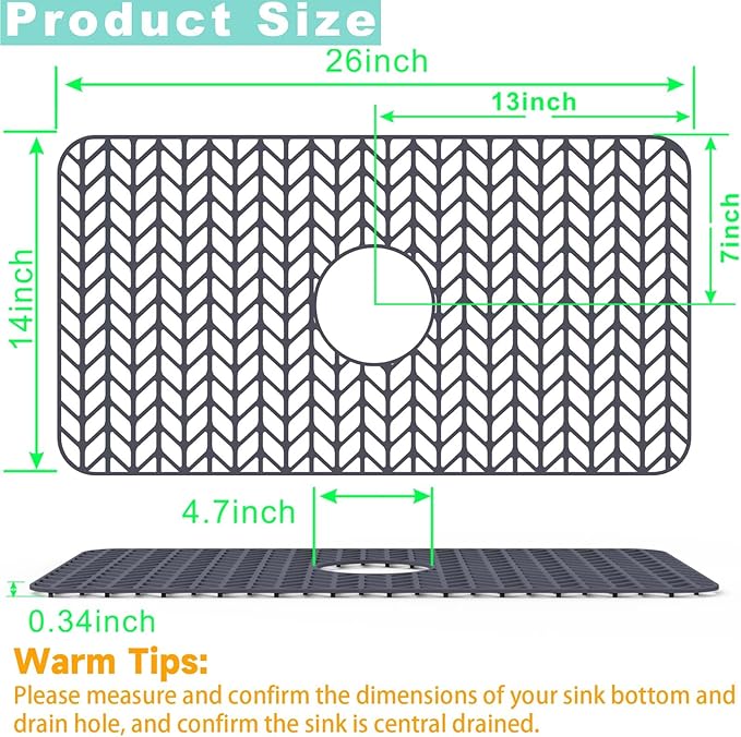 AWOKE Sink Protectors for Kitchen Sink - 26"x 14" Sink Mat - Heat-resistant Easy-clean Silicone Sink Mat - for Protection of Stainless Steel Sink - with Center Drain (Grey),Kitchen Sink Accessories