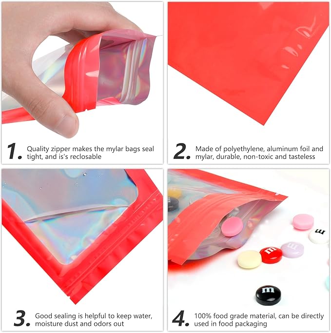Funfery 100 pcs Red Mylar Holographic Bags, Clear Window Zipper Bag Resealable Smell Proof Bag Foil Pouch Bag for Food Storage and Lipgloss,Jewelry,Eyelash Packaging for Small Business(4x6In)