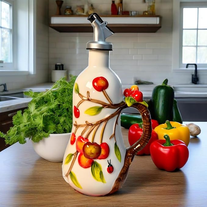 18 oz Hand-Painted Relief Ceramic Olive Oil Bottle Dispenser, with Handle Decorative Olive Oil Dispenser Bottle, for Kitchen Ceramic Oil Vinegar Bottle Seasoning Bottle with Stainless Steel Pour Spout