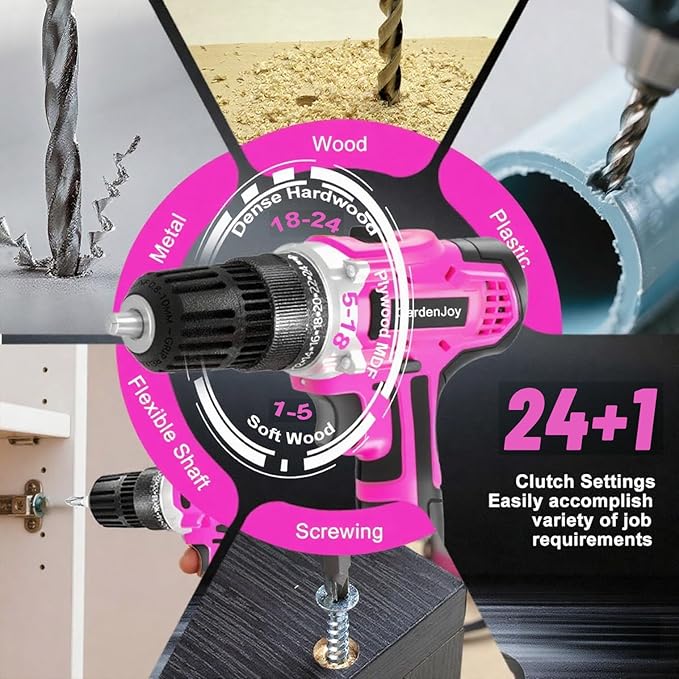 GardenJoy 20v Cordless Drill Set, Power Electric Kit Battery With Charger 30Nm 2-Speed 3/8" Keyless Chuck 24+1 Position Drill Driver screwdriver Bits with LED Electric Work Light Women DIY