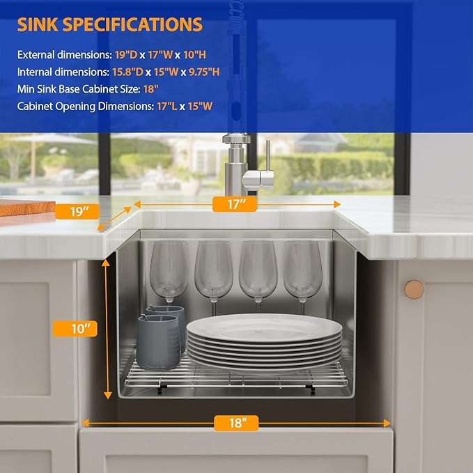 Dcolora 17 Inch Undermount Bar Sink Workstation Stainless Steel Kitchen Sink Bar Prep with Ledge Round Corner X Grooves 16 Gauge Single Bowl RV Camper DC-U7735