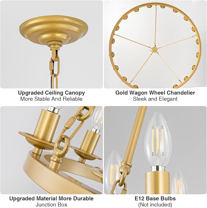 Wagon Wheel Chandelier, 20-Light Gold Modern Rustic Large Farmhouse Chandelier Adjustable Height Light for Ceiling Living Room, Entryways, Foyer,Dining Room, Kitchen