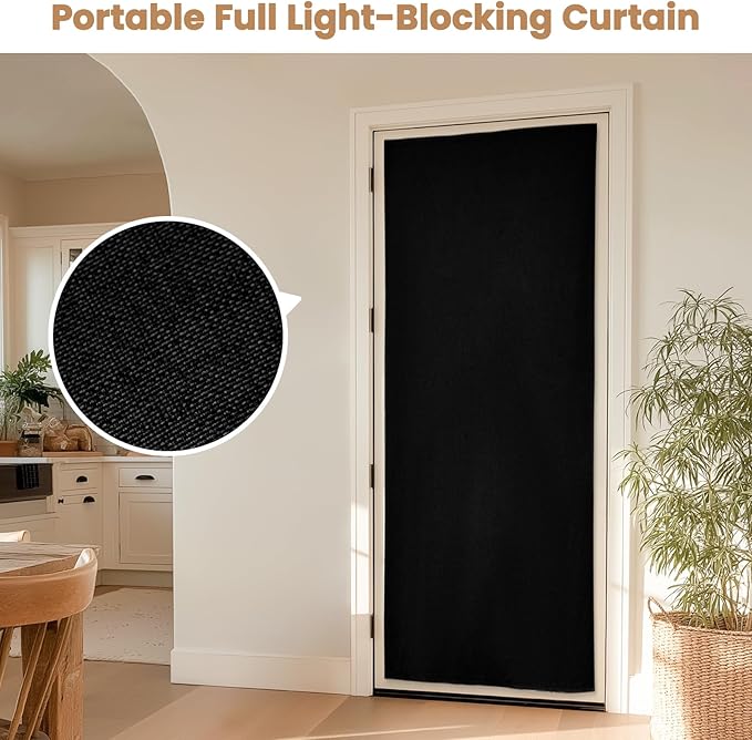 100% Blackout French Door Curtain,Adhesive, No Drilling Required,Small Curtains Designed for Installation On Doors (Black - W25 × L72 in)