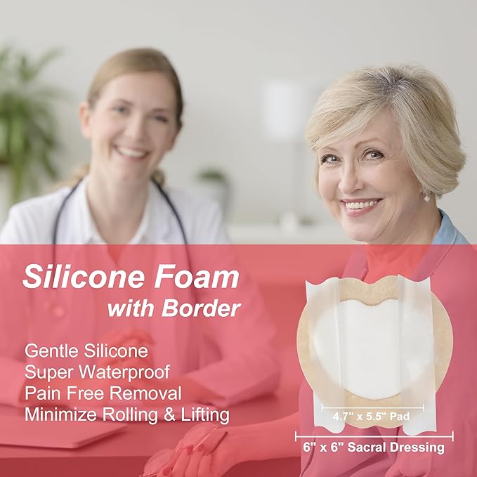 Silicone Bordered Foam Dressing 7" x 7", Pack of 5 Individual Sterile Pads, Gentle Adhesive, Water Resistant, Highly Absorbent, Reduce Sacr, for Pressure Ulcer