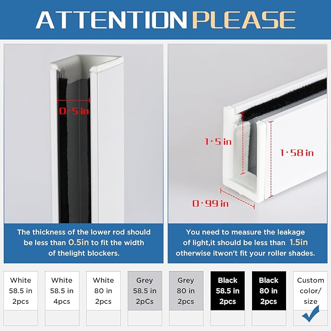 100% Blackout U-Channel Aluminum Light Blocking Strip for Window Shades Roller and Blinds Both Sides Tracks for Blackout Shades Easy to Install Great for Bedroom Nursery (Custom 2pcs, 44"-115")