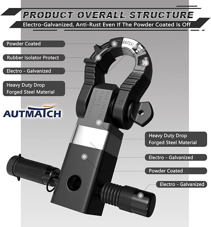 AUTMATCH Shackle Hitch Receiver 2" with 3/4" Mega D Ring Shackle and 5/8" Trailer Hitch Lock Pin, 68,000 Lbs Break Strength Heavy Duty Receiver Towing Kit for Off-Road Vehicle Recovery, Matte Black