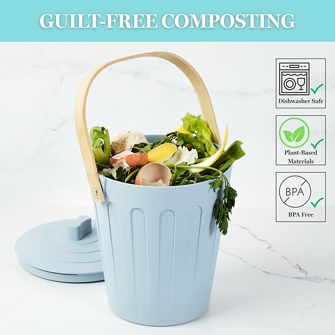 Martha Stewart Indoor Compost Bin | Countertop Composting Bucket for Kitchen | .7 Gallon Capacity | Includes Filter | Plant Based Materials | Light Blue
