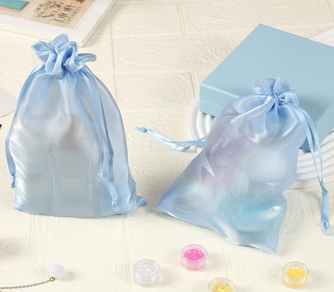 QIANF 20 Pcs Blue Small Organza Bags 6X9 inch for Wedding Favors with Drawstring, Mini Mesh Gift Bags Jewelry Pouch for Candy Bridal Shower Party Favor Baby Shower Christmas