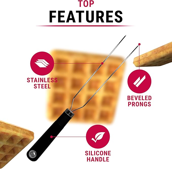 Waffle Fork for Belgian Waffles, Mulit-Use Stainless Steel Kitchen Tool with Silicone Handle, Beveled Prongs, Belgian Baking Accessory - One Size Black