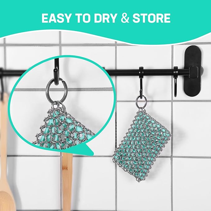 HAUSHOF Cast Iron Scrubber, Chainmail Scrubber with Silicone Core, Premium Chainmail Scrubber Sponge for Skillet, Pan, Dutch Oven