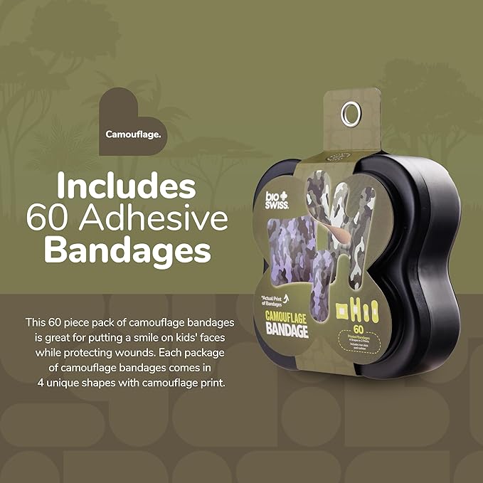 BioSwiss Kids Bandages, Assorted Size Camouflage Print Shaped Self Adhesive Bandage Set, Latex Free, Sterile Wound Care, 60 Count