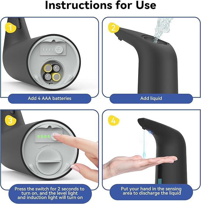 Automatic Touchless Soap Dispenser with 4 Adjustable Levels，400ml Battery Operated Liquid Hand Sanitizer Pump for Kitchen Sink, Bathroom Countertop-Infrared Sensor, Plastic, Waterproof Design