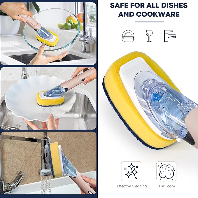 Dish Brush with Soap Dispenser Storage Set with 2 PCS Sponge Refills & Holder, Soap Dispensing Dish Brushes, Sponge with Soap Dispenser Handle, Dish Sponges with Handle for Dishes Pans Pots Sink