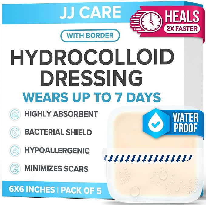 JJ CARE Hydrocolloid Dressing 6x6 [Pack 5], 1.2MM Thick Large Hydrocolloid Bandages with Border, Self-Adhesive Thin Hydrocolloid Wound Dressing, Wound Care Bandages for Bedsores and Blisters