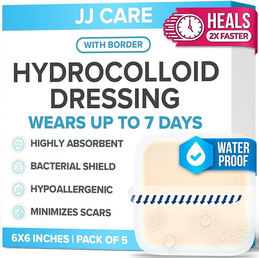 JJ CARE Hydrocolloid Dressing 6x6 [Pack 5], 1.2MM Thick Large Hydrocolloid Bandages with Border, Self-Adhesive Thin Hydrocolloid Wound Dressing, Wound Care Bandages for Bedsores and Blisters