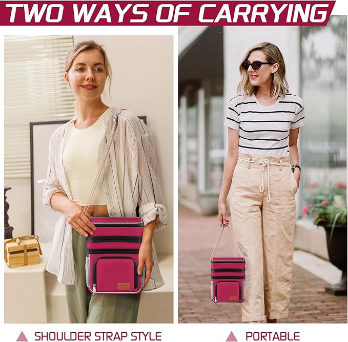 Insulated Lunch Bag for Women Men, Reusable 3 Layers Lunch Box Women, Expandable Reusable Water-resistant Lunch Box for Work Travel Office Picnic Hiking (Red)