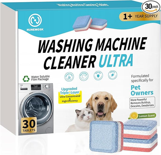 Washing Machine Cleaner Tablets 30 Pack, Upgraded Formulated for Pet Owners, 1+Year Supply, Deep Cleaning Tablet For HE-Front & Top Load Washer, Removes Residue, Grime, Odors and Pet Hair