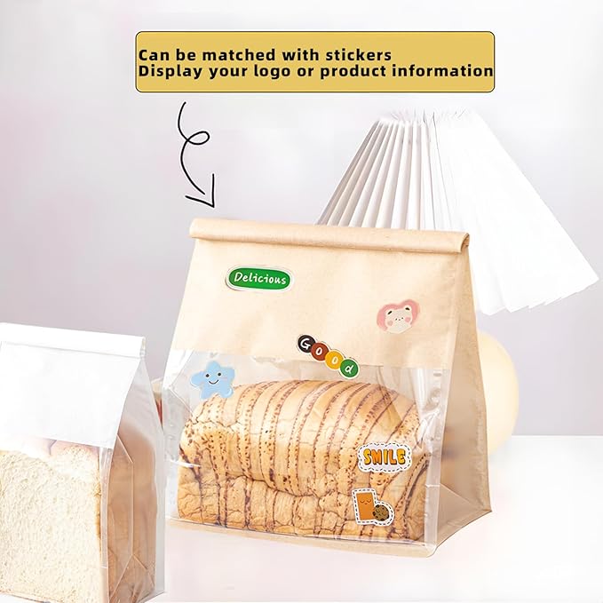 50 Pcs Bread Bags for Homemade Breads, 5.1 x 3.9 x 11 Inch Small Brown Bakery Bags with Tin Tie, Cotton Paper Loaf Bag, Storage Packing Bag with Clear Window