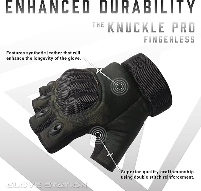 Glove Station- Fingerless Knuckle Tactical Gloves for Men - Motorcycle Gloves for Tactical Shooting, Airsoft, Hunting, Police Work and Hiking