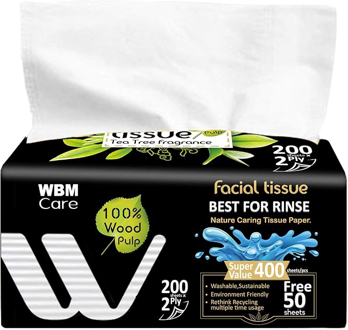 WBM Care Professional Facial Tissue with Tea Tree Fragrance, Pack of 10 Boxes per Case, 200 Sheets per Box, for a Total of 2,000 Soft and Refreshing Tissues