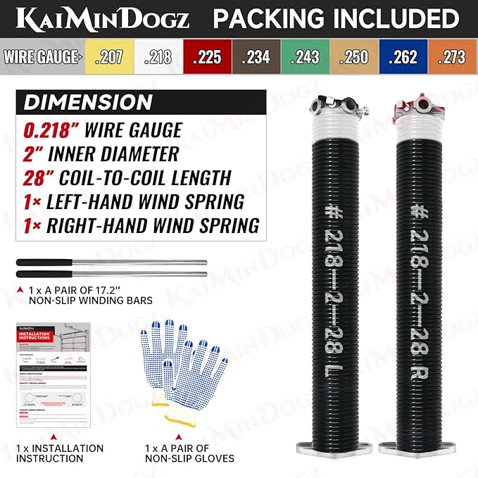 Pair of 2" Garage Door Torsion Springs Set with Non-Slip Winding Bar & Gloves,High Precision Electrophoresis Black Coated, for Replacement & Installation, MIN 16,000 Cycles (0.218x2''x28'')