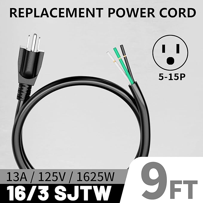 9 ft 16/3 Appliance and Power Tool Cord, 16 AWG 3 Prong Black Heavy Duty Replacement Power Cord with Open End, NEMA 5-15P, 125V AC Pigtail, 13A 1625W, ETL Listed