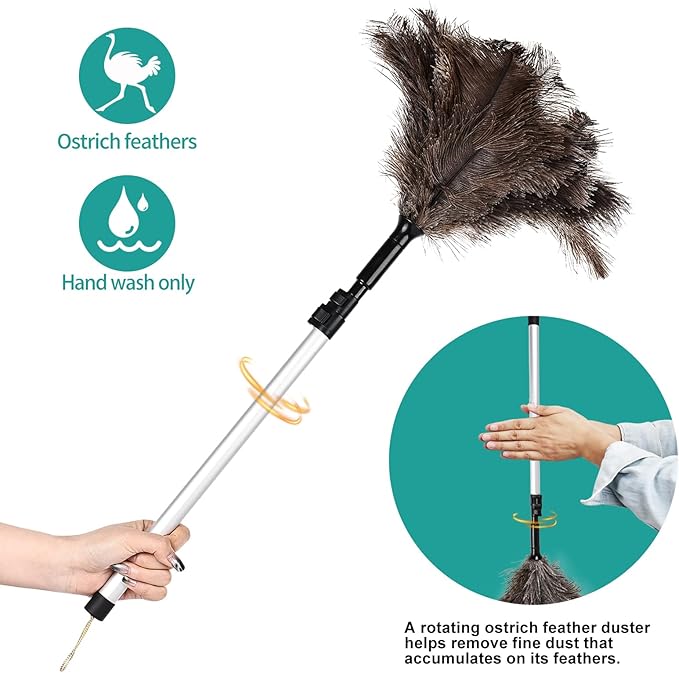 Ostrich Feather Duster 26-49 Inch | Extendable Feather Duster with Aluminum Pole | Long Feather Duster for High Ceilings, Fans & Delicate Cleaning