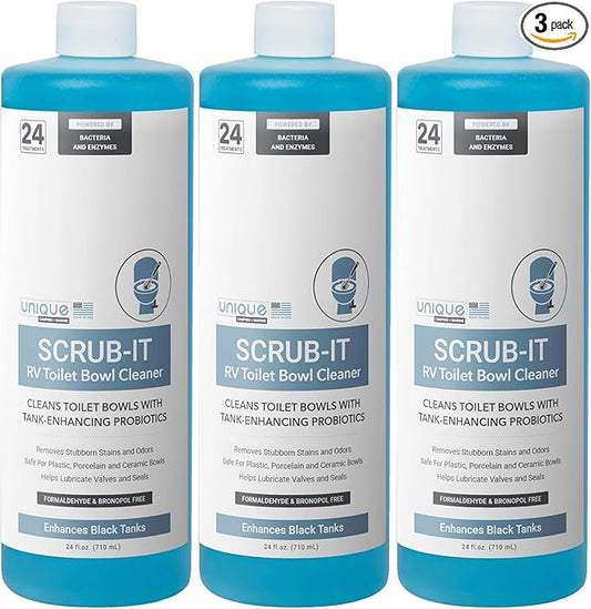 Unique Scrub-It RV Toilet Bowl Cleaner Liquid - Removes Odors, Stains and Debris - Safe on All Toilet Types 24 oz (3-Pack) Packaging May Vary