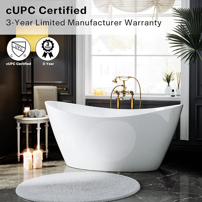 Empava Bathtub, 67" Soaking Tub, Acrylic Free Standing Tub with Center Drain and Overflow, Contemporary Design Bathtub for Bathroom, cUPC Certified, Glossy White
