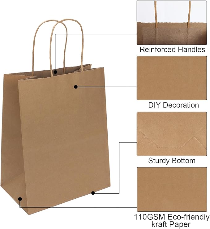 Joybe 50 Pack 8x4.75x10 Inch Medium Brown Paper Bags with Handles Bulk, Kraft Paper Gift Bags for Birthday Party Favors Grocery Retail Shopping Business Goody Craft Blank Sacks (Plain Natural, 50pcs)