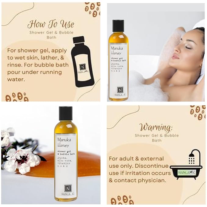 Nabila K Manuka Honey Shower Gel & Bubble Bath, 2.4 oz – Non-Drying Body Wash with Jojoba, Aloe Vera & Vitamins – Naturally-Derived, Sulfate-Free – Made in USA – For Men & Women