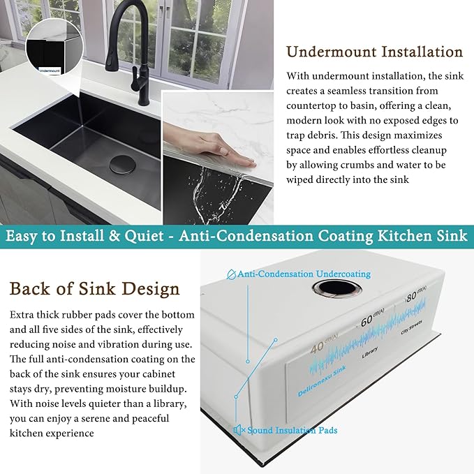 32 Inch Black Kitchen Sink Undermount - Delironexu Undermount Kitchen Sink Black, 16 Gauge Stainless Steel Sinks Single Bowl, 32''x19'' black Stainless Steel sink with 4 Accessories