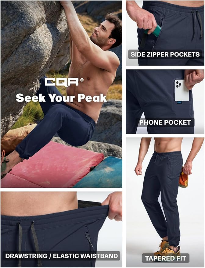 CQR Men's Lightweight Vent Hiking Pants, Water-Resistant & Breathable Sports Outdoor Athletic Pants with Elastic Waist